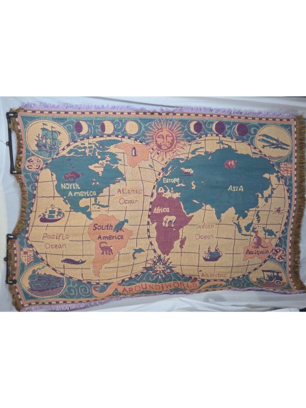 Vintage Around World Map Woven Cotton Tapestry Throw w Fringe Blanket Wall Decor